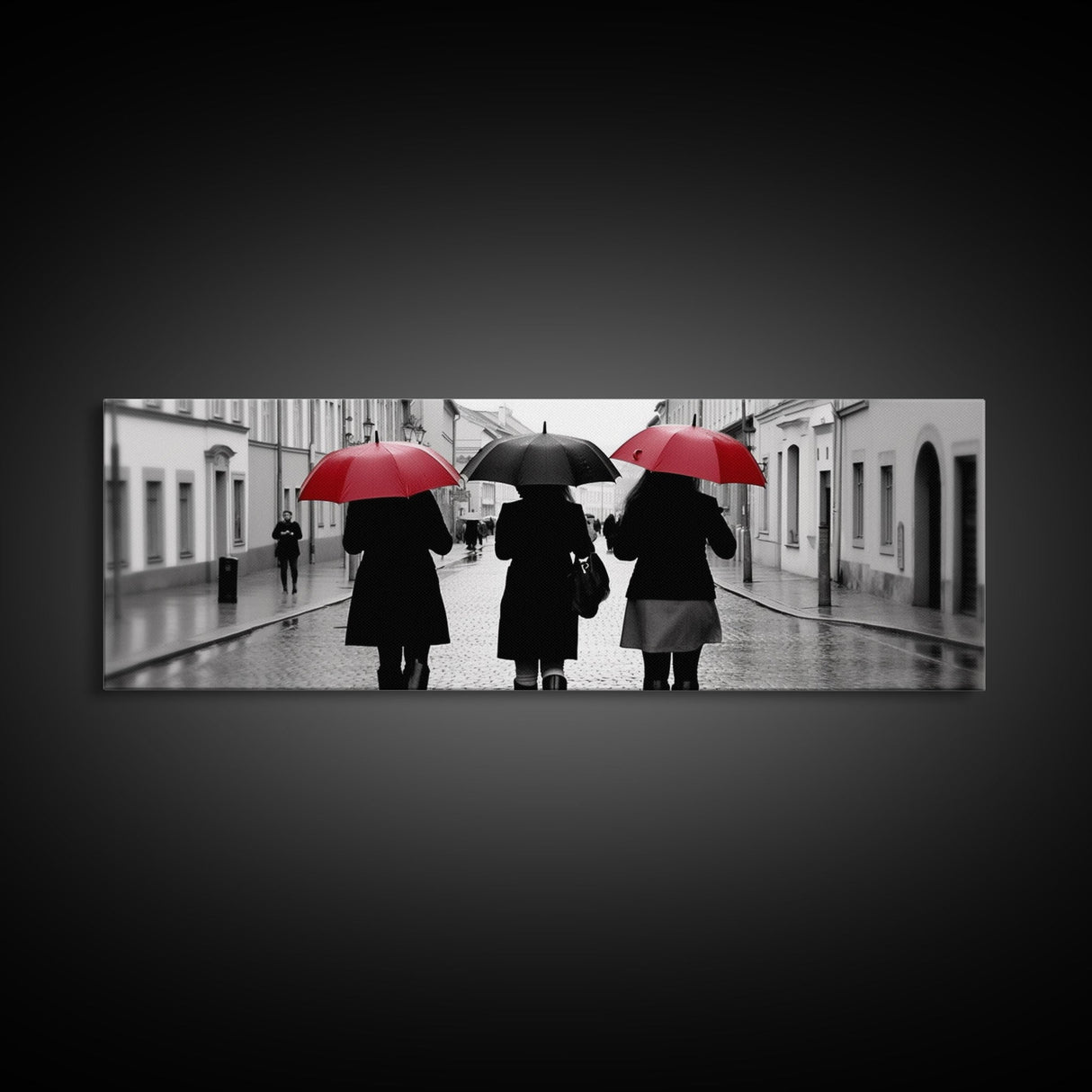 Red And Black Umbrellas, Women Walking On Street, City Art, Wall Decor, Large Urban Canvas Art Print, Panoramic, Wall Art, Canvas Print