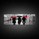 Red And Black Umbrellas, Women Walking On Street, City Art, Wall Decor, Large Urban Canvas Art Print, Panoramic, Wall Art, Canvas Print