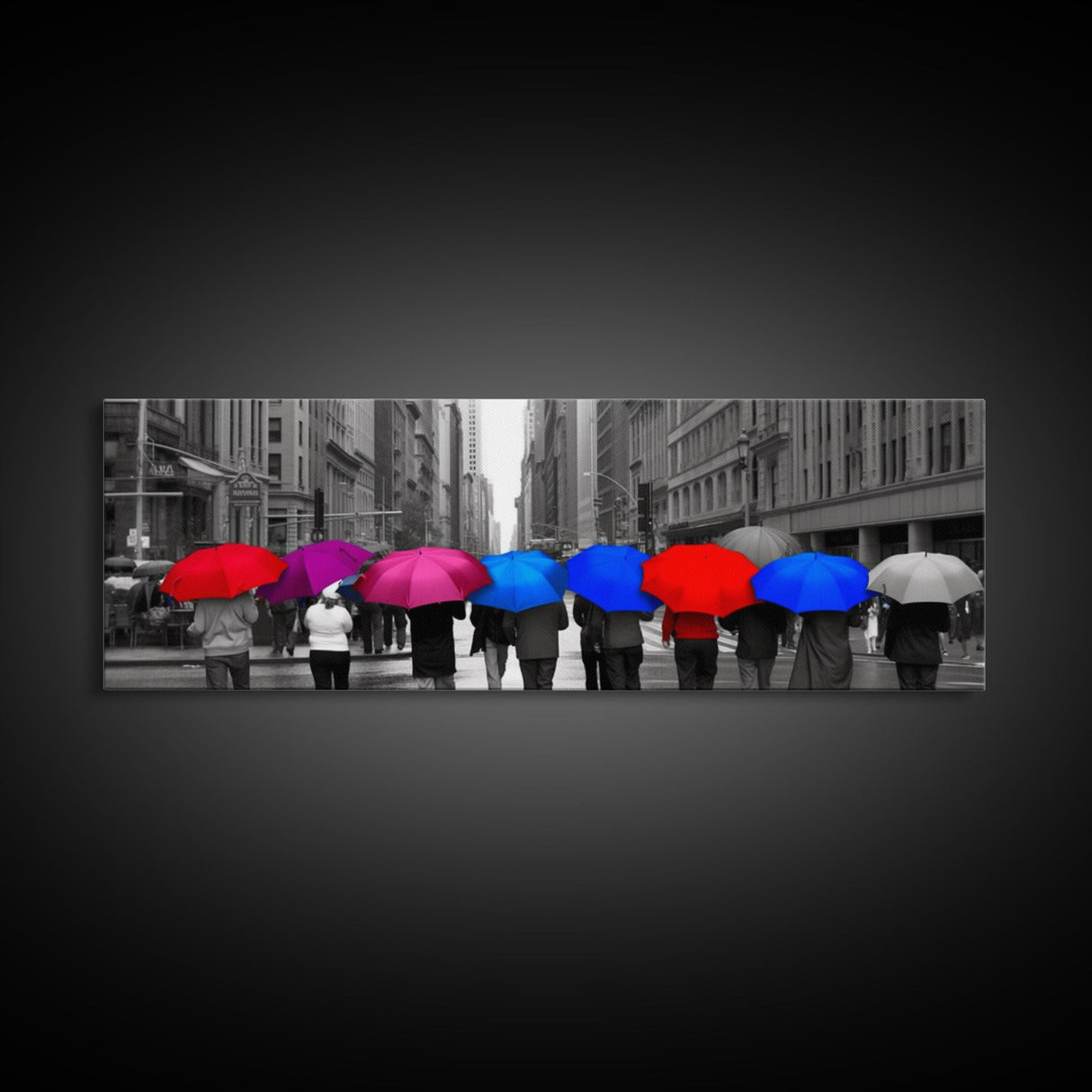 Pink Red Blue Purple Colored Umbrellas, People Walking On Street, City Art, Urban Canvas Art Print, Panoramic, Wall Art, Canvas Print