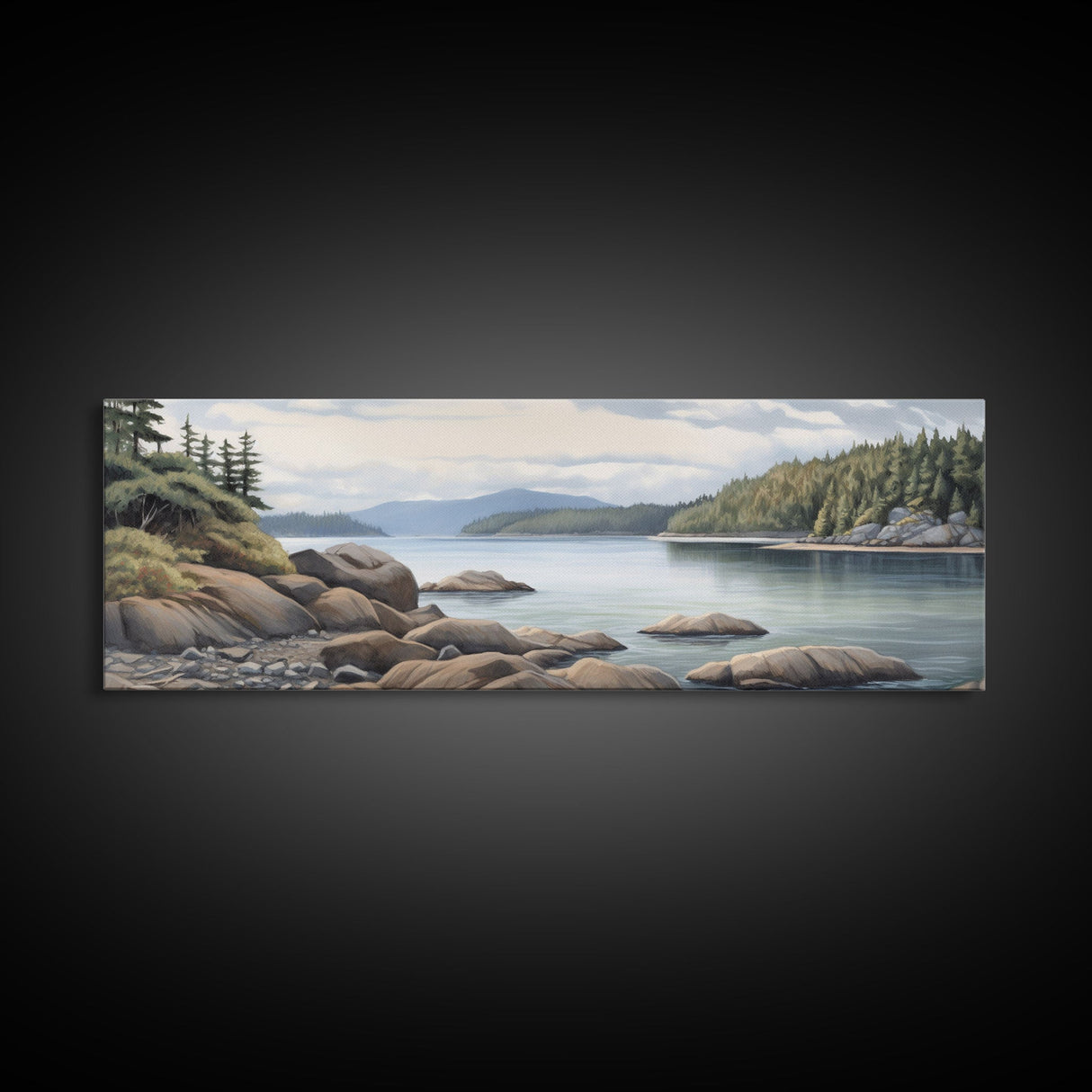 Colored Pencil Landscape Wall Art Print, Lake, Riverbank, River, Trees, Mountain, Large Canvas Art Print, Panoramic, Wall Art, Canvas Print