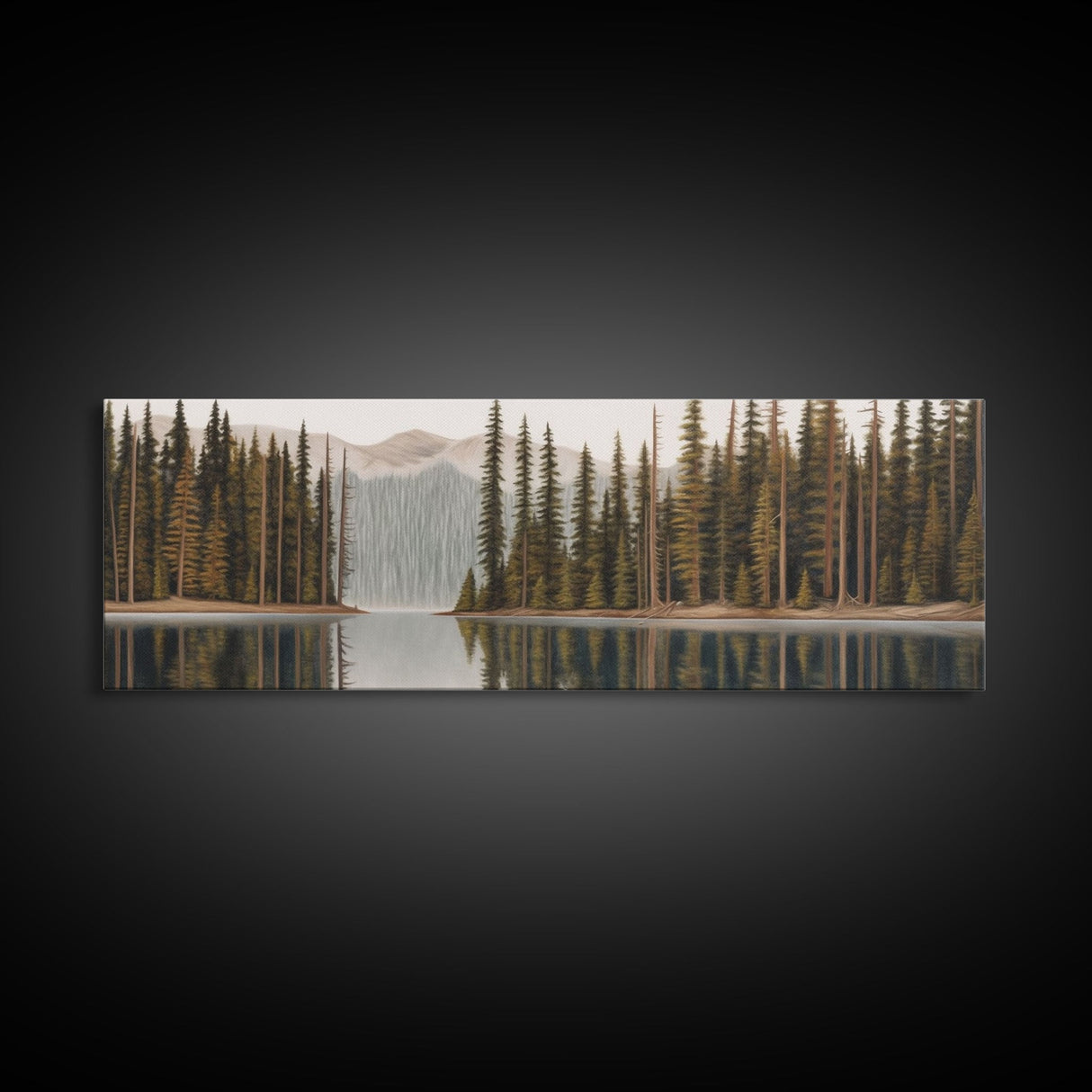 River Colored Pencil Landscape Wall Art Print, Lake, Trees, Mountain, Reflection, Large Canvas Art Print, Panoramic, Wall Art, Canvas Print