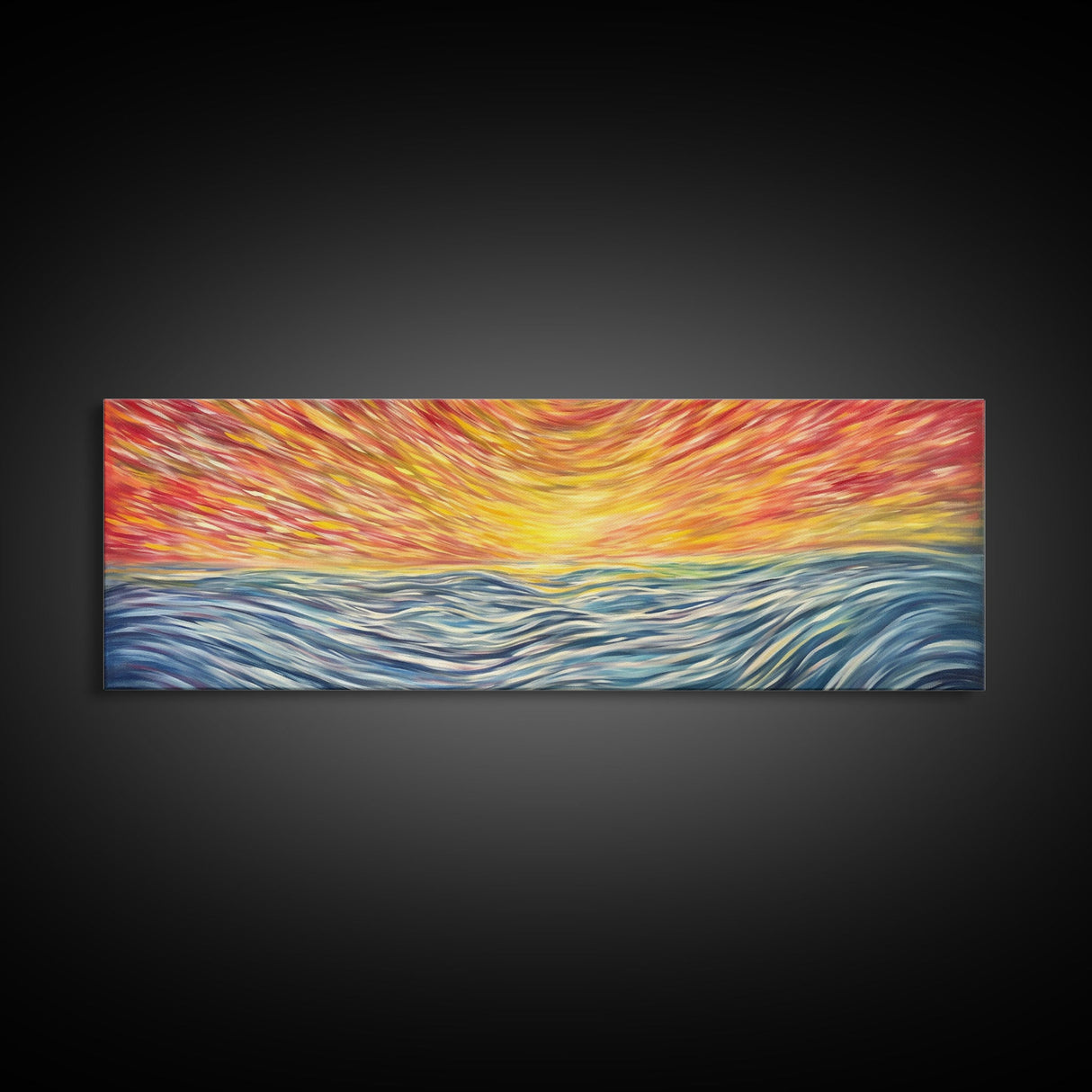 Large Textured Nature Abstract Wall Art, Sunset Over Sea Abstract, Yellow, Blue, Horizon, Wall Decor, Panoramic, Wall Art, Canvas Print