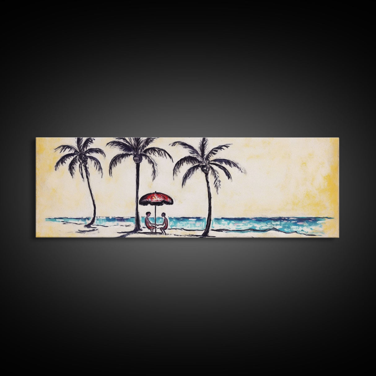 Couple In Beach Scene Art, Minimalist Beach Canvas Art Print, Palm Trees, Canvas Wall Art Beach, Panoramic, Wall Art, Canvas Print