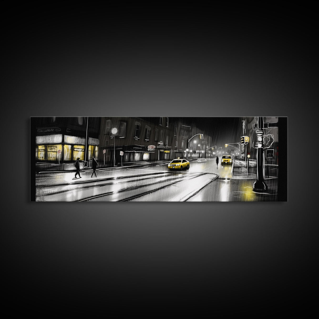 Rainy Night In City, People Crossing Street, Urban Canvas Art, Abstract City Art, Line Art City, Panoramic, Wall Art, Canvas Print