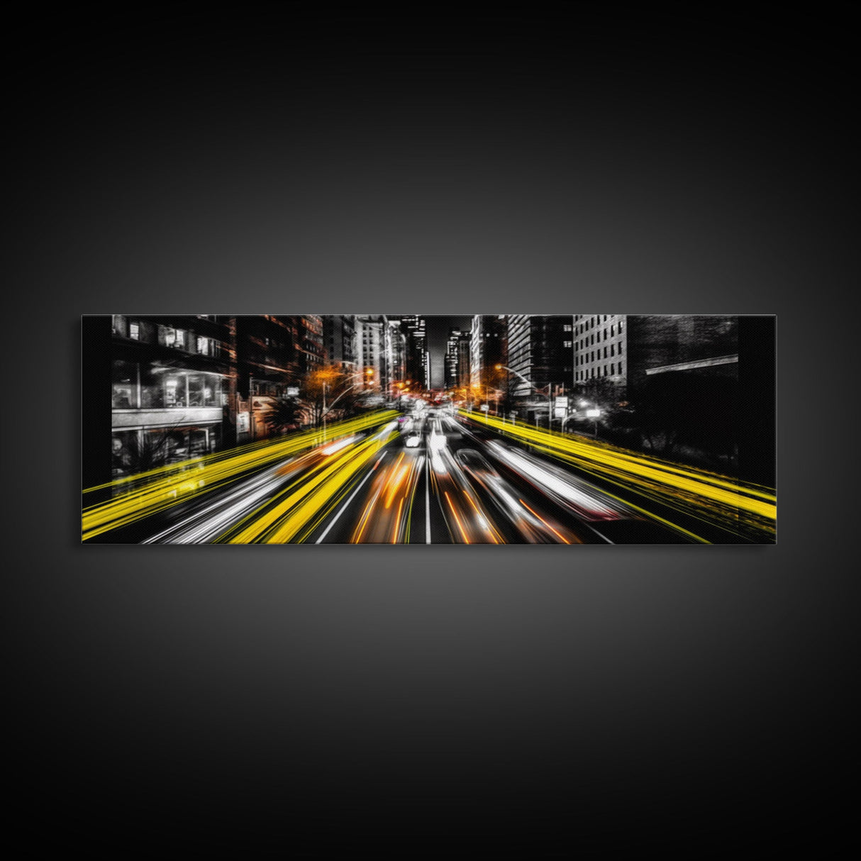 Long Exposure City Street Lights Wall Art, Urban Art Print, Night In The City, Streaks Of Light, Panoramic, Wall Art, Canvas Print