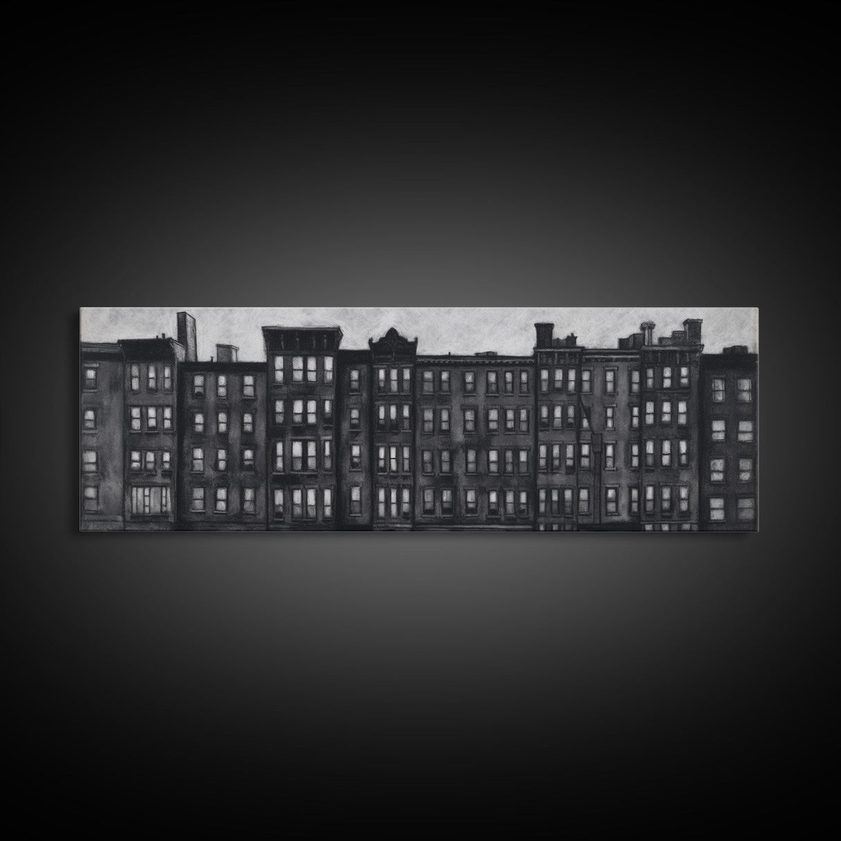 Row Of Buildings Pencil Sketch, Monochromatic Art, City Art, Large Urban Art Print, Wall Decor, Panoramic, Wall Art, Canvas Print