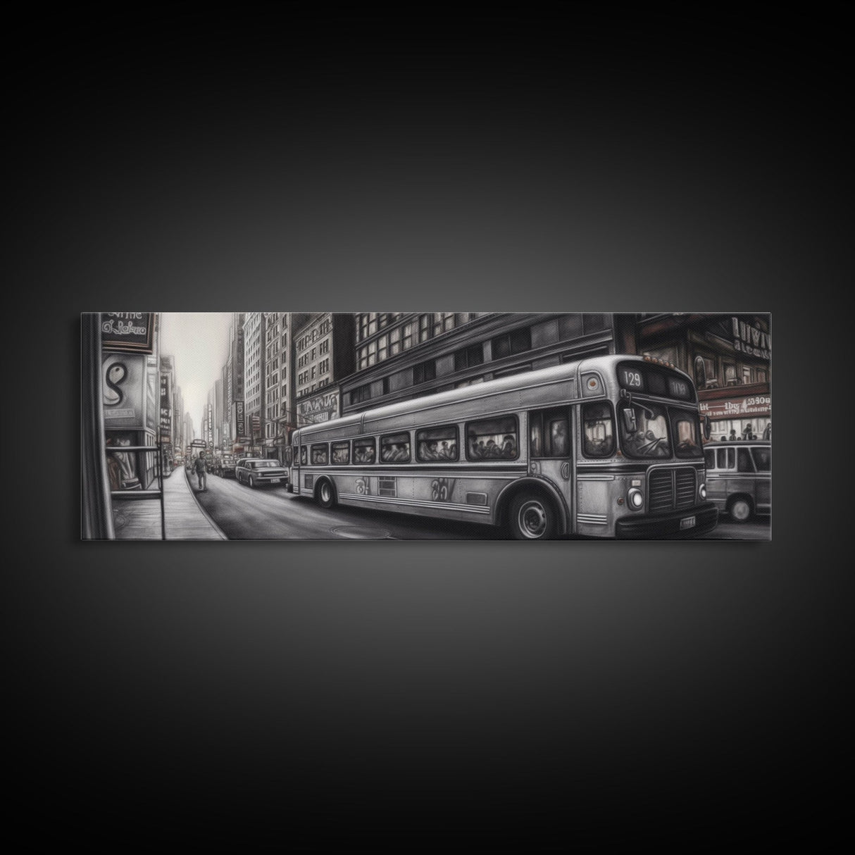 Detailed Street Pencil Sketch Canvas Print, City Wall Art, Bus, Cars, Traffic, Buildings, Urban Art Print, Panoramic, Wall Art, Canvas Print