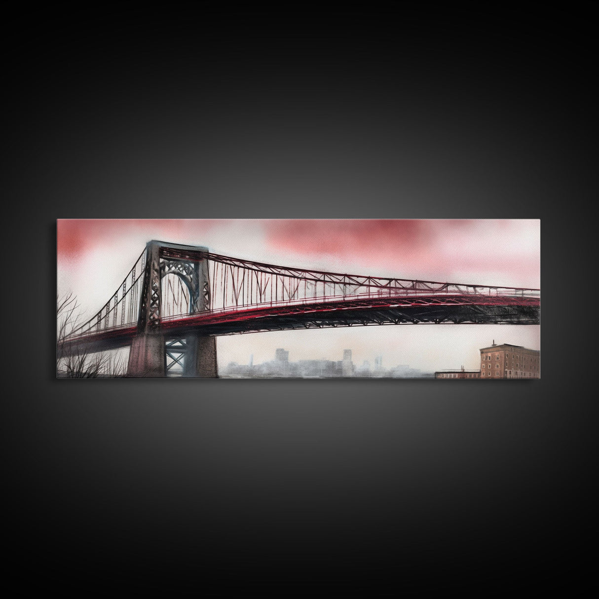 Suspension Bridge Canvas Print, City Art, City Skyline Art, Large Urban Art Print, Cityscape Wall Decor, Panoramic, Wall Art, Canvas Print