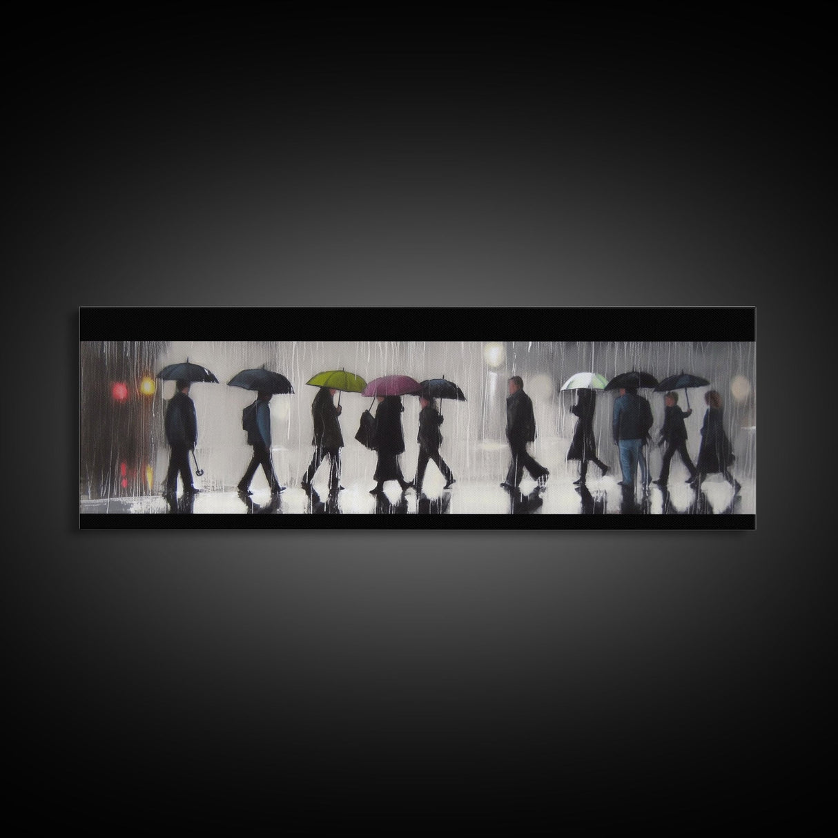 Crowd Walking With Umbrellas Canvas Print, Raining City Art, Urban Art, Large Urban Art Print, Wall Decor, Panoramic, Wall Art, Canvas Print