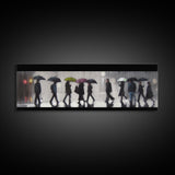 Crowd Walking With Umbrellas Canvas Print, Raining City Art, Urban Art, Large Urban Art Print, Wall Decor, Panoramic, Wall Art, Canvas Print