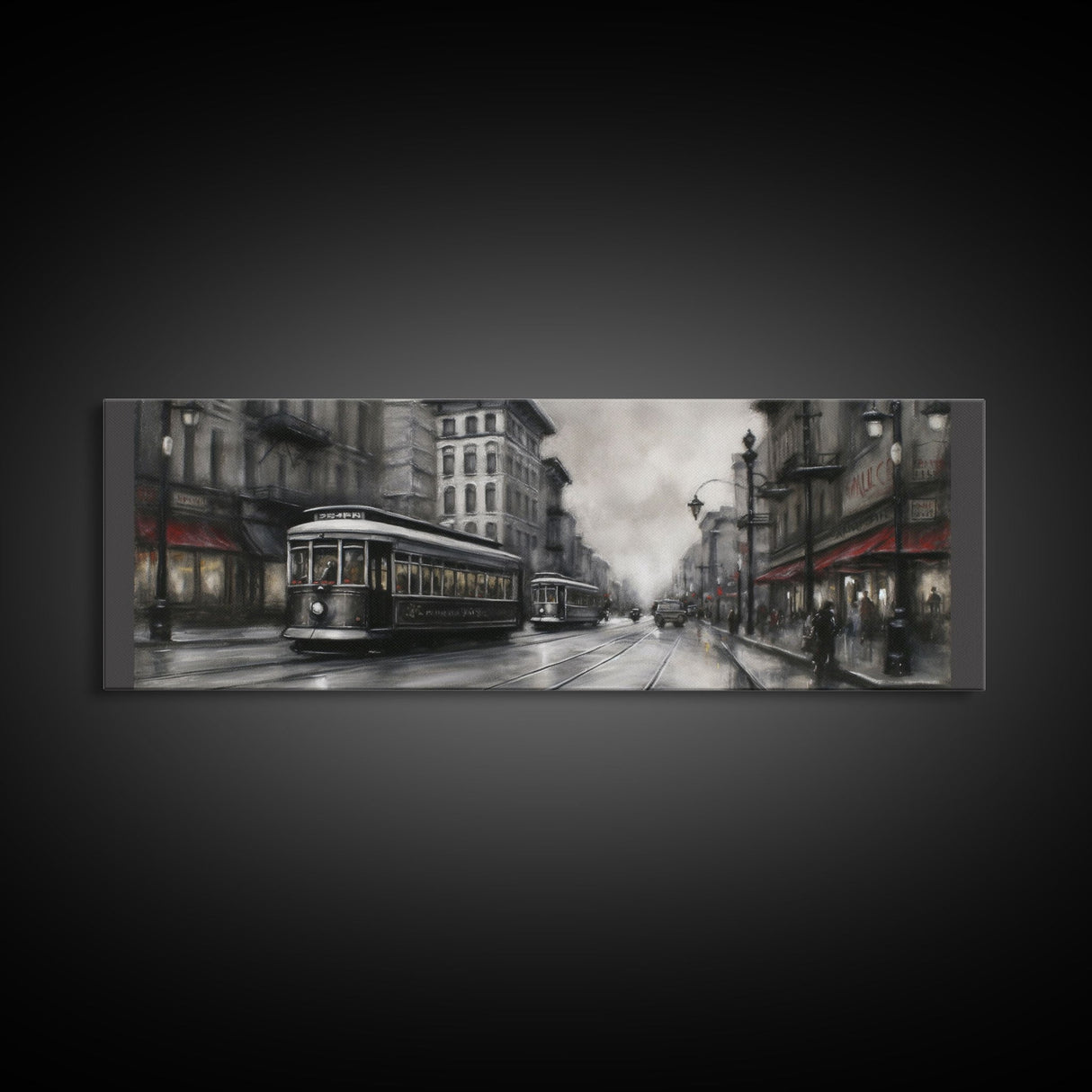 Streetcars In The City Canvas Print, Vintage Art, People On Sidewalk, City Art, Large Urban Art Print, Panoramic, Wall Art, Canvas Print