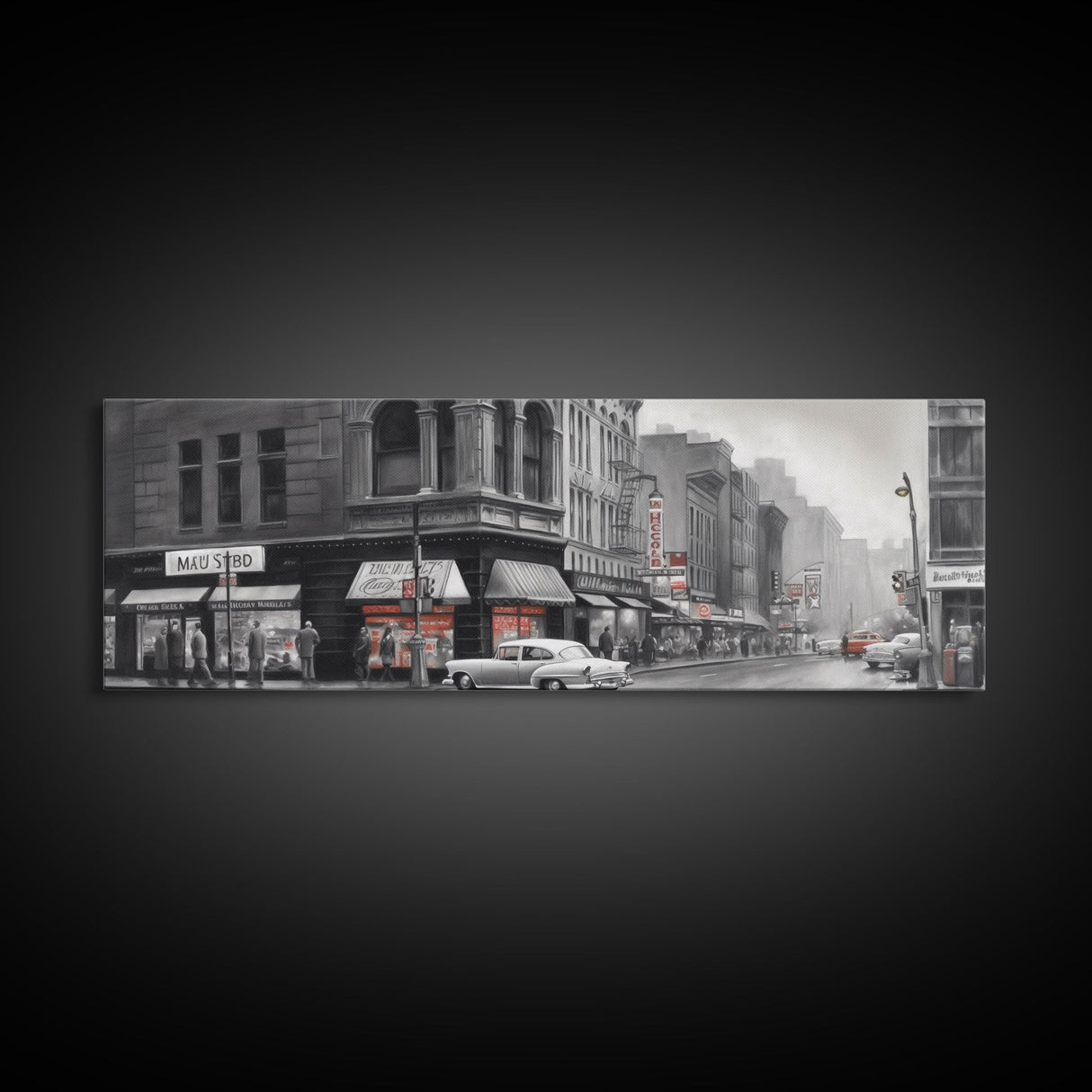 Vintage Cars City Canvas Print, Vintage Art, Buildings, People On Sidewalk, Large Urban Art Print, Panoramic, Wall Art, Canvas Print