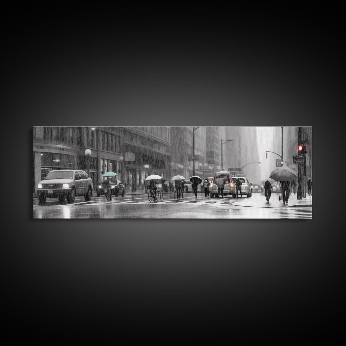 Rainy Day In The City Canvas Print, People With Umbrellas, City Art, Wall Decor, Large Urban Art Print, Panoramic, Wall Art, Canvas Print