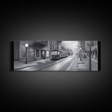 Monochromatic Tram Canvas Print, Pencil Sketch City Art, Wall Decor, Large Urban Art Print, Panoramic, Wall Art, Canvas Print