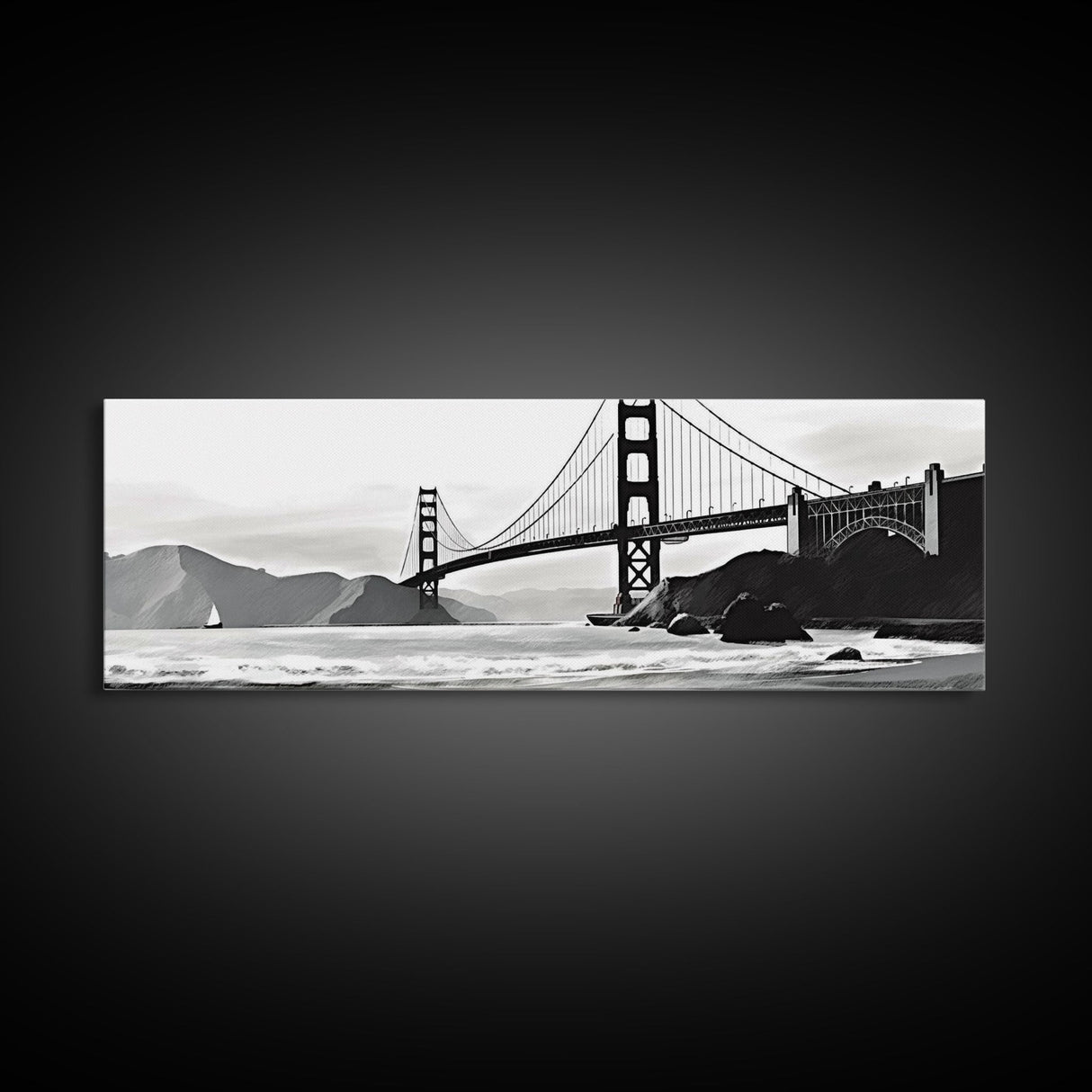 Black And White Suspension Bridge Canvas Print, Large Urban Art Print, Sailboat, River, Landscape, Panoramic, Wall Art, Canvas Print