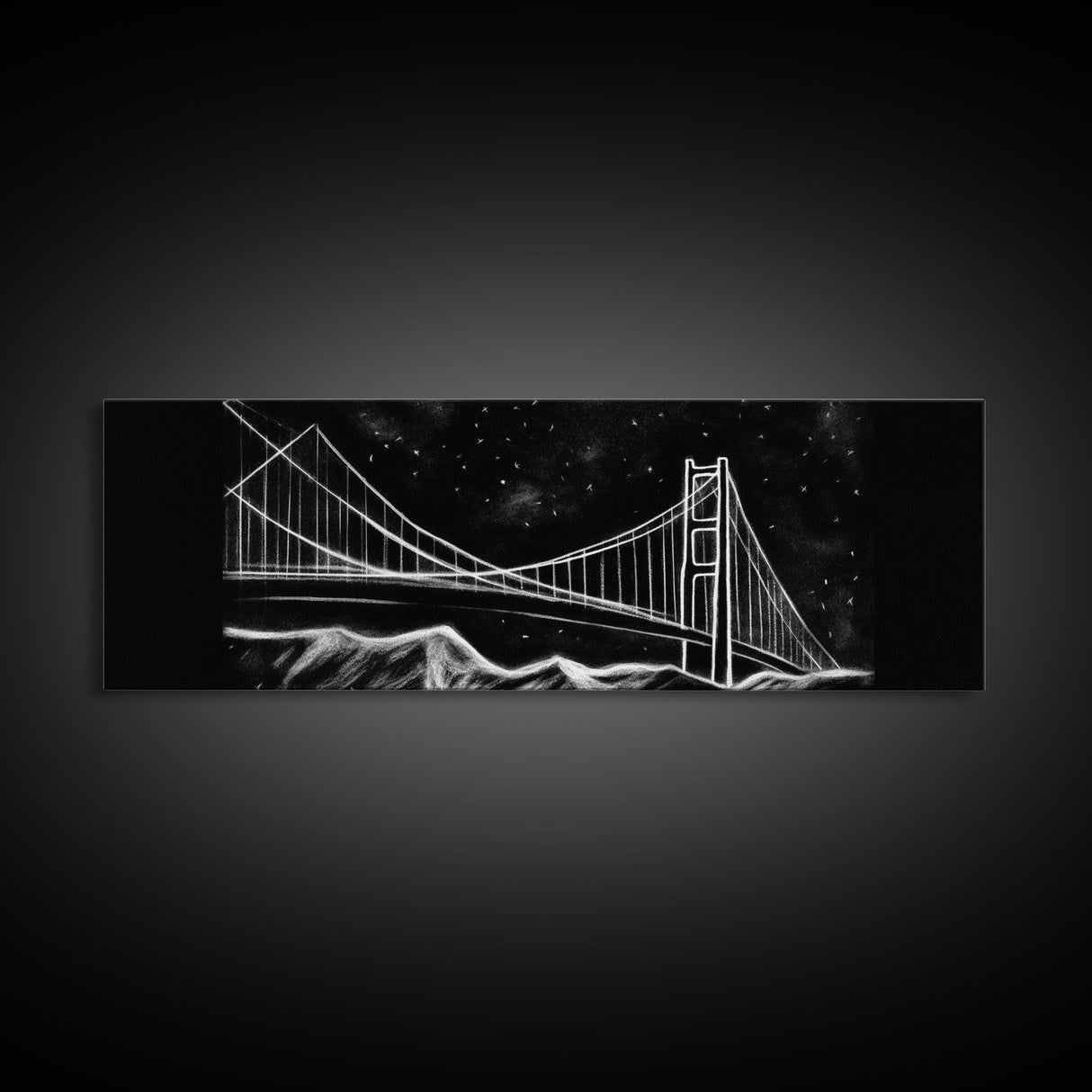 Black And White Suspension Bridge Canvas Print, Large Urban Art Print, Line Art, Chalk Wall Decor, Panoramic, Wall Art, Canvas Print