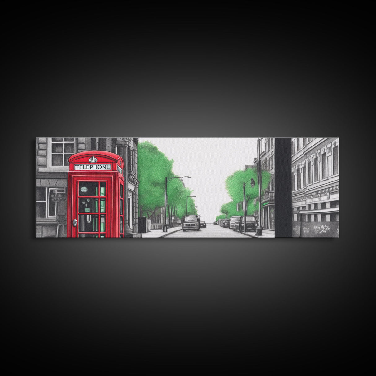 Red Vintage Phone Booth, London Art Print, Street Pencil Sketch Art, Green Trees, Perspective Art, Panoramic, Canvas Print, Wall Art