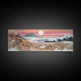 Japanese Style Seascape Canvas Art Print, Full Moon, Big Waves, Pink Flowers, Mountain, Wall Decor, Panoramic, Wall Art, Canvas Print