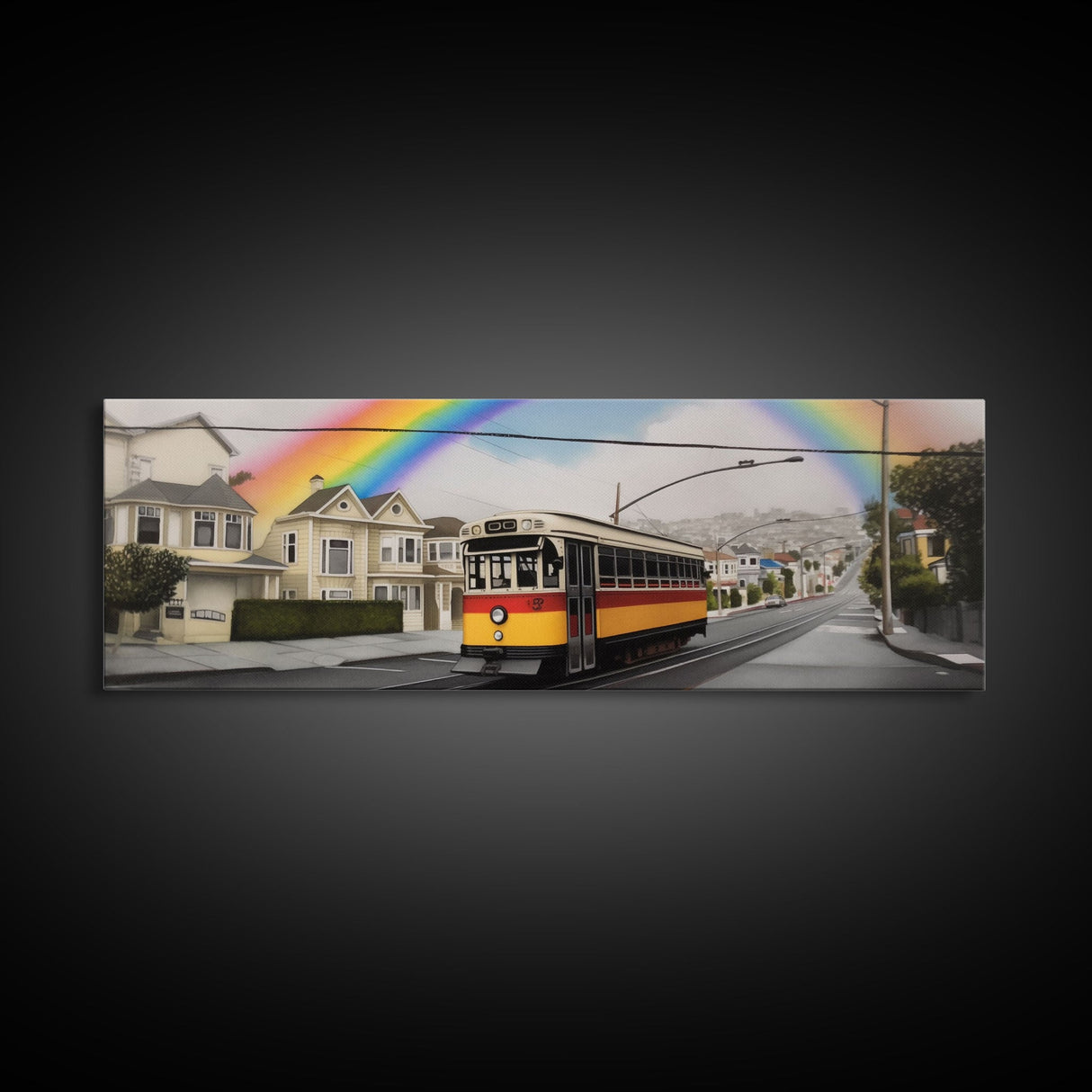 Rainbow Streetcar Canvas Print, Street Wall Decor, Urban Art, Large Canvas Print, Framed Art, Wall Decor, Panoramic, Wall Art, Canvas Print