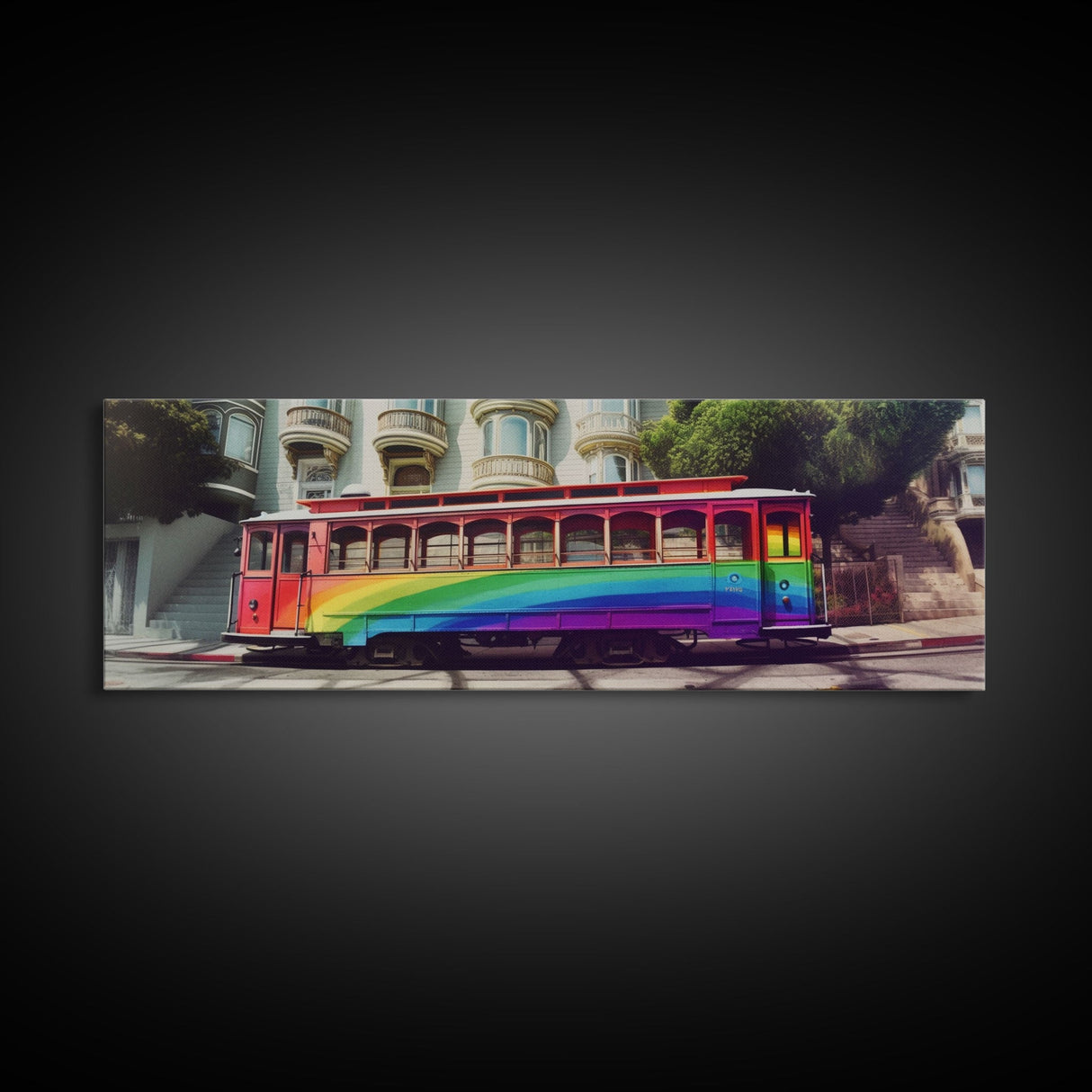 Rainbow Streetcar Canvas Print, Tram Wall Decor, Urban Art, Large Canvas Print, Framed Art, Wall Decor, Panoramic, Wall Art, Canvas Print