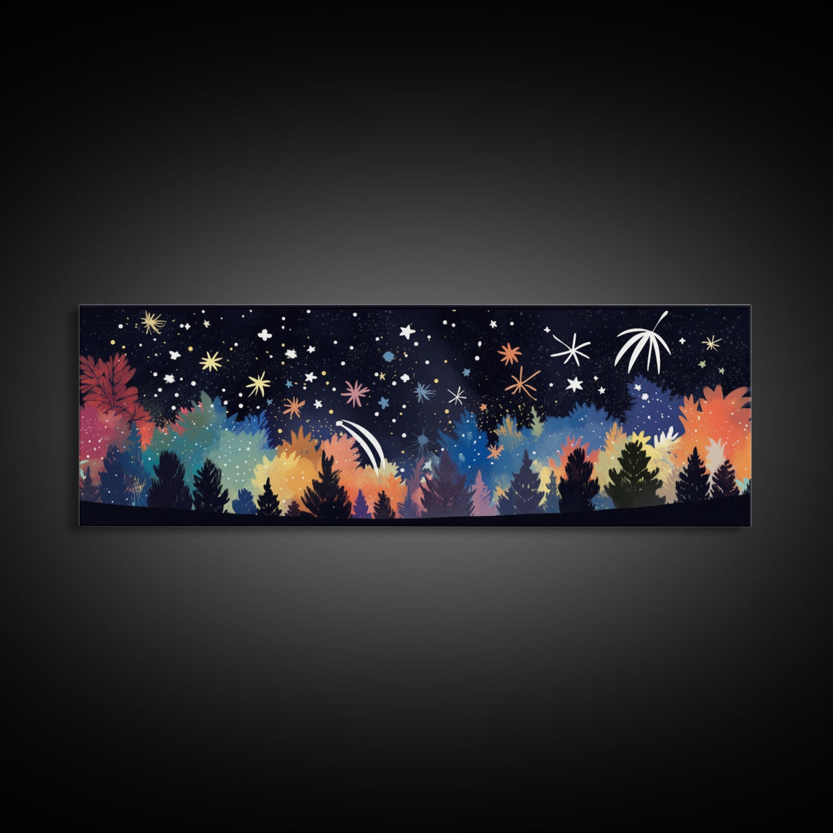 Abstract Forest Art, Dark Forest Art, Autumn Canvas Print, Starry Night Sky, Framed Canvas Print, Panoramic, Wall Art, Canvas Print