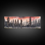 Woods Wall Art, Forest Art Print, Pink Sky, Pine Trees, Framed Canvas Print, Colored Pencil Art, Panoramic, Wall Art, Canvas Print