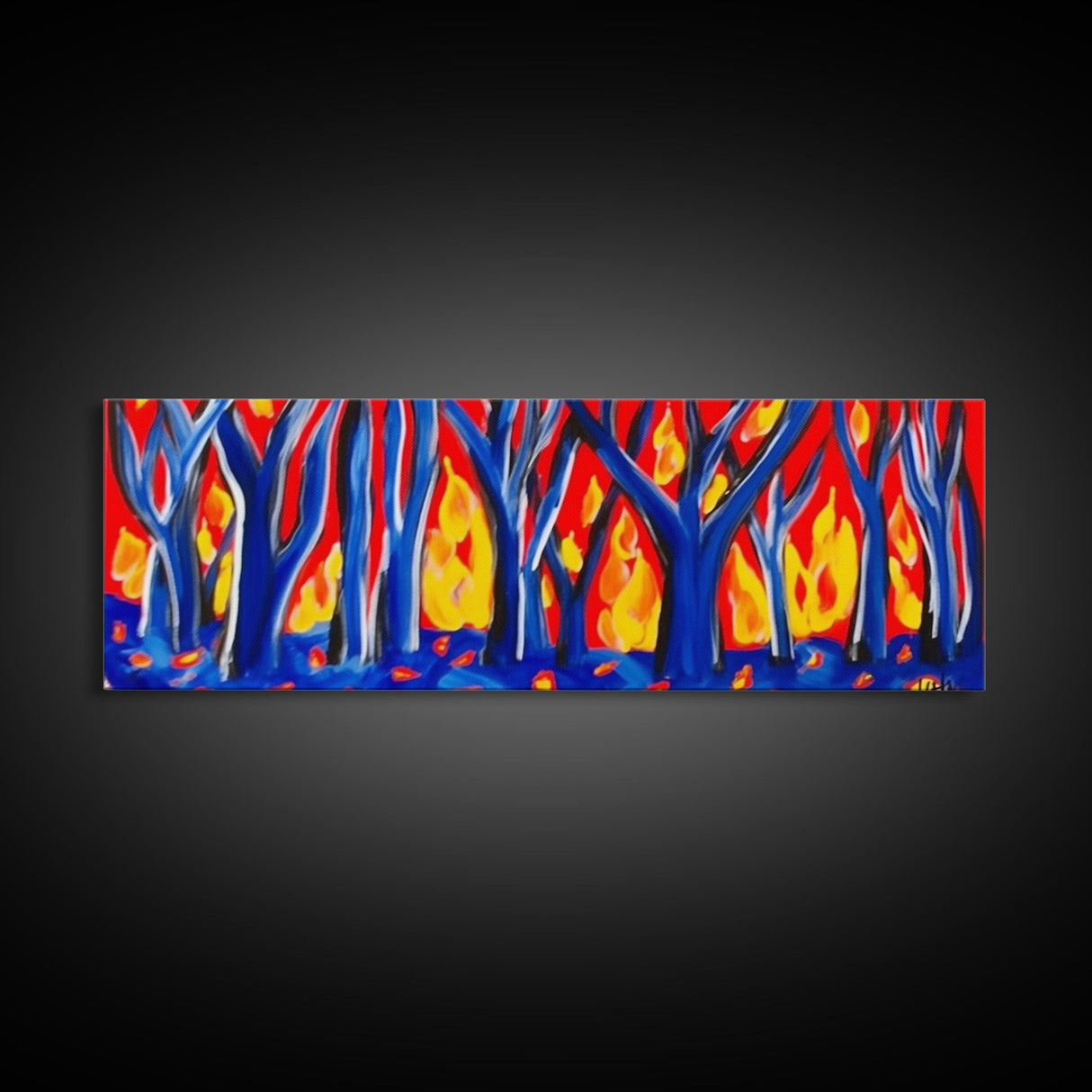 Forest On Fire, Red Flames, Blue Trees, Abstract Forest Art, Canvas Wall Decor, Large Art Print, Panoramic, Wall Art, Canvas Print