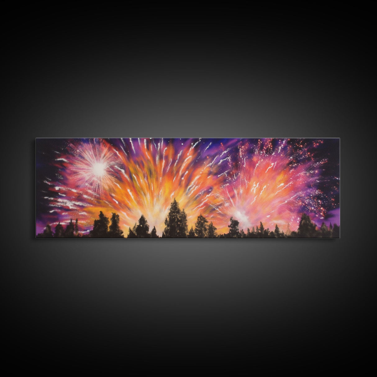 Fireworks Over Forest Canvas Art Print, Woods, Pines Trees, Wall Decor, Framed Large Canvas Print, Panoramic, Wall Art, Canvas Print