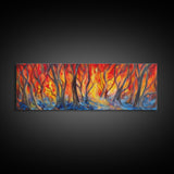 Flames In The Woods Canvas Art Print, Forest Fire, Red Flame, Wall Decor, Framed Large Canvas Print, Panoramic, Wall Art, Canvas Print