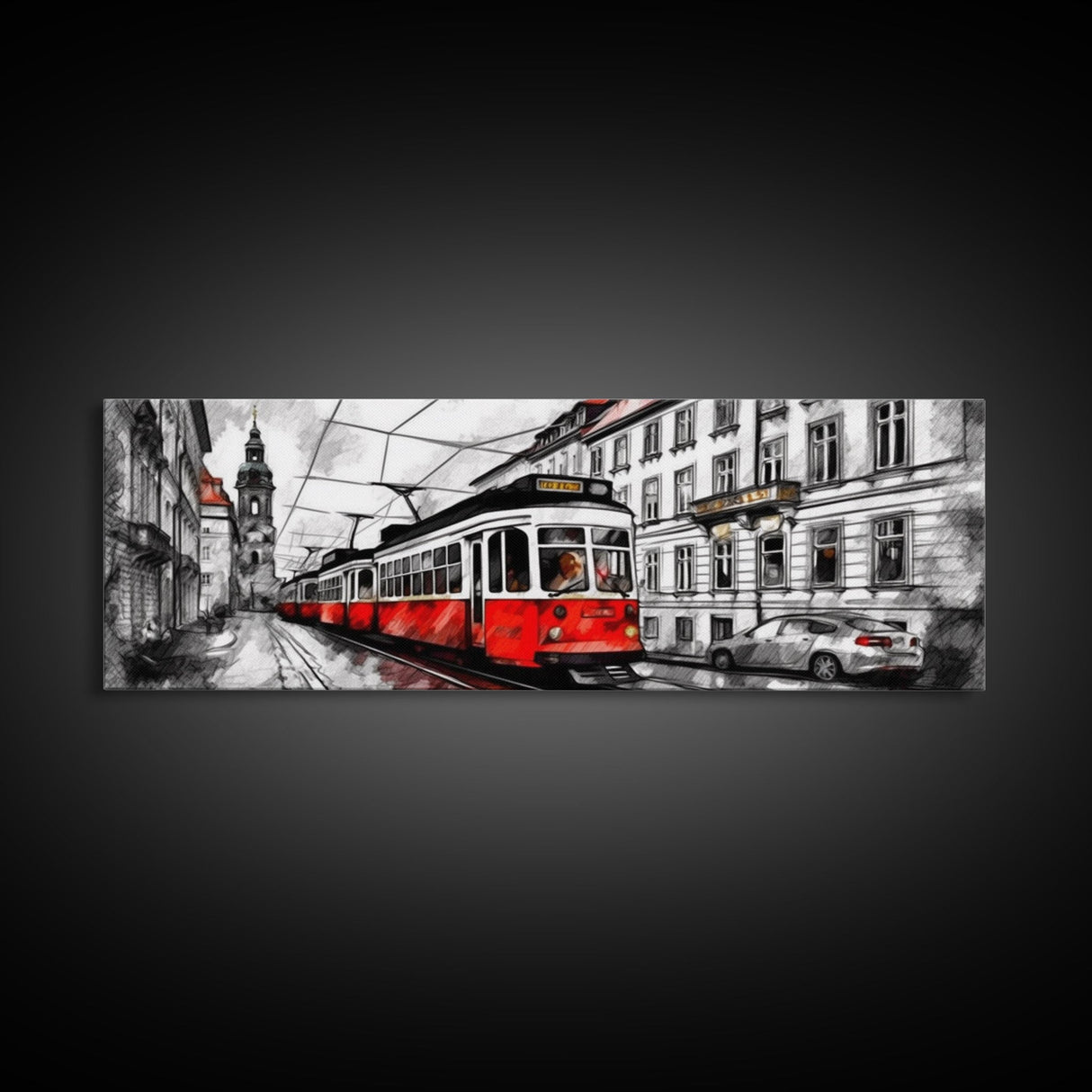 Marker Sketch Wall Art, Streetcar Wall Decor, Bell Tower, Street Art Print, Wall Art Decor, Panoramic, Framed Art, Canvas Print, Landscape