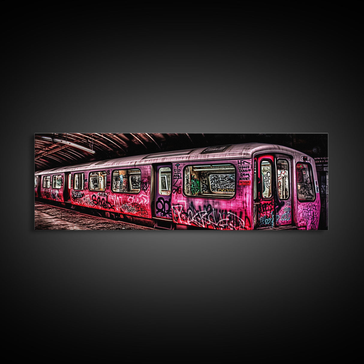 Pink Subway Train Canvas Art Print, Abandoned Train, Graffiti Art, Wall Decor, Large Framed Canvas Print, Panoramic, Wall Art, Canvas Print