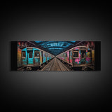 Urban Art Print, Graffiti On Abandoned Subway Train, Teal And Pink, Wall Decor, Large Framed Canvas Print, Panoramic, Wall Art, Canvas Print