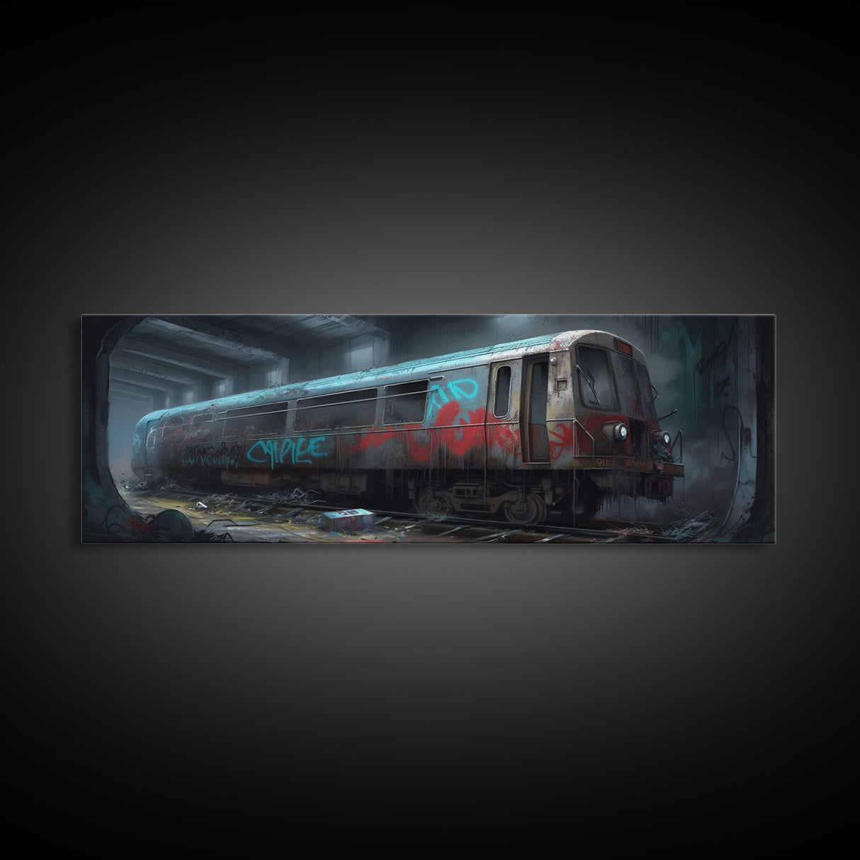 Graffiti On Abandoned Subway Train, Urban Art, Wall Decor, Urban Canvas Art, Large Framed Canvas Print, Panoramic, Wall Art, Canvas Print