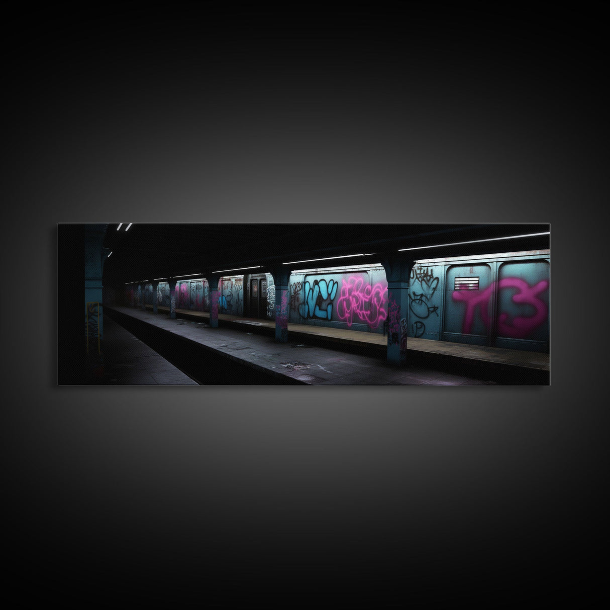 Urban Art, Graffiti On Subway Train, Pink And Teal Graffiti Art Canvas, Wall Decor Framed Canvas Print, Panoramic, Wall Art, Canvas Print