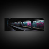 Urban Art, Graffiti On Subway Train, Pink And Teal Graffiti Art Canvas, Wall Decor Framed Canvas Print, Panoramic, Wall Art, Canvas Print