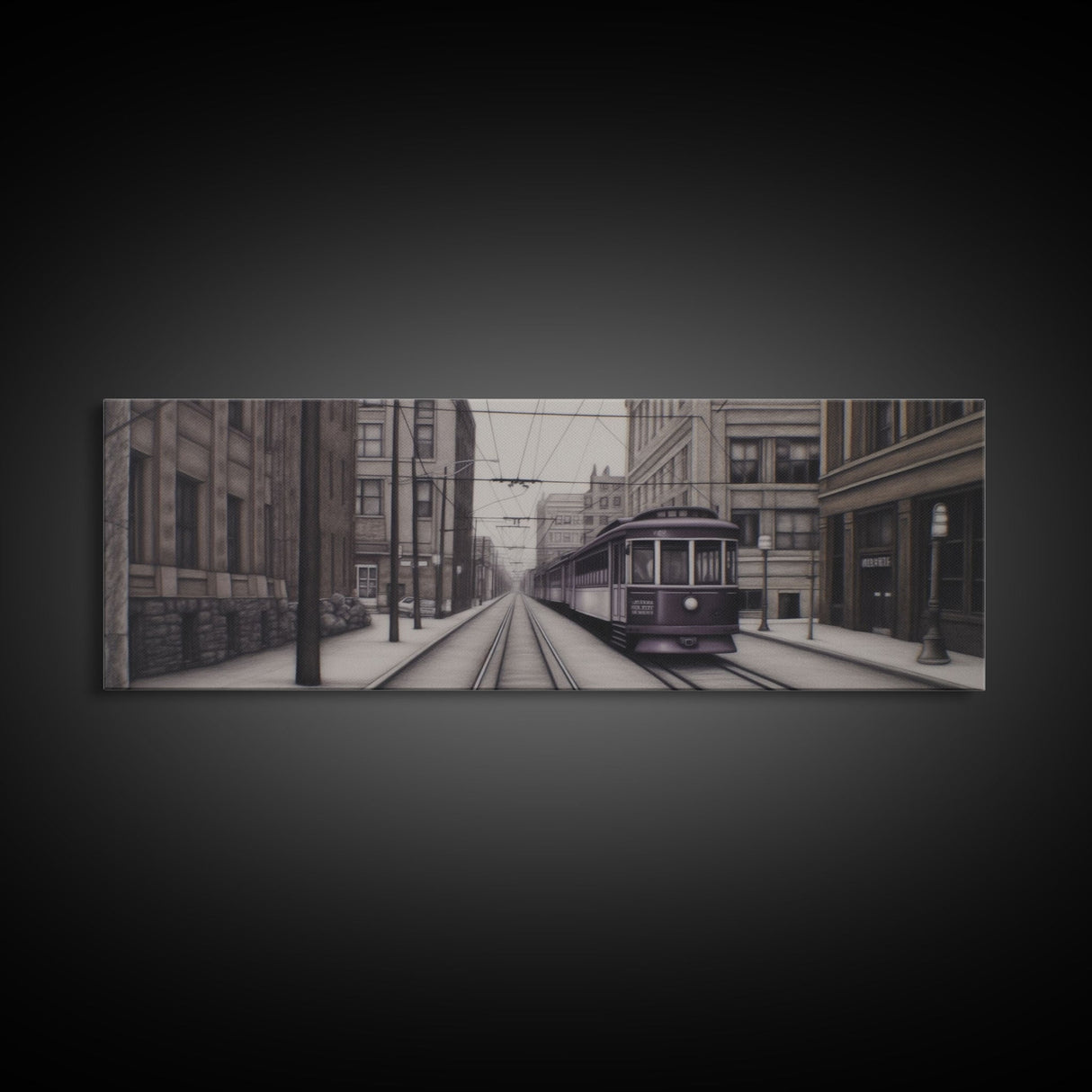 Streetcar Urban Art Print, Purple Train, Perspective Art, City Art, Urban Canvas Print, Panoramic, Wall Art, Canvas Print