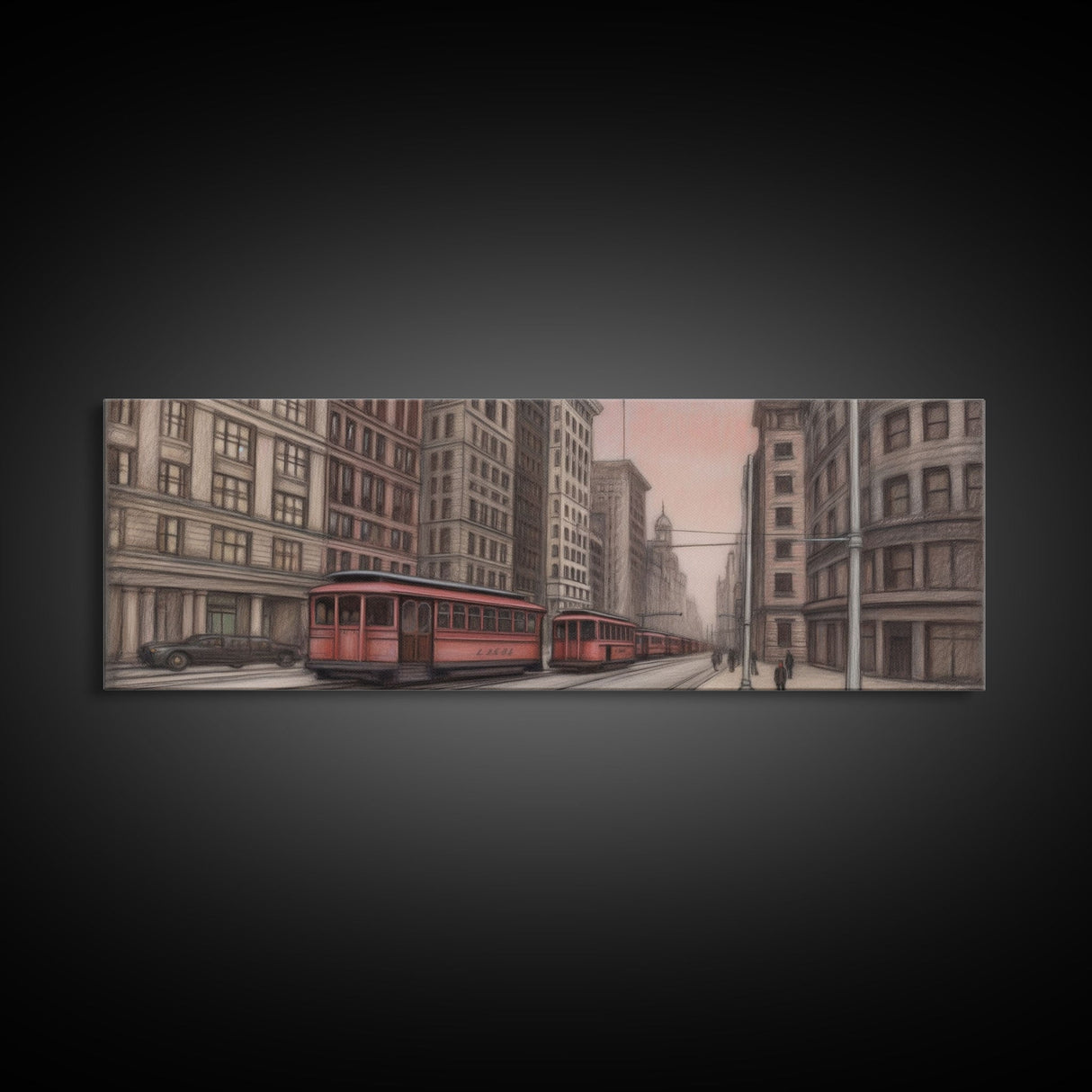 Colored Pencil Streetcar Urban Art Print, Red Train, Tram In The City, Sketch Art, City Art, Urban Print, Panoramic, Wall Art, Canvas Print