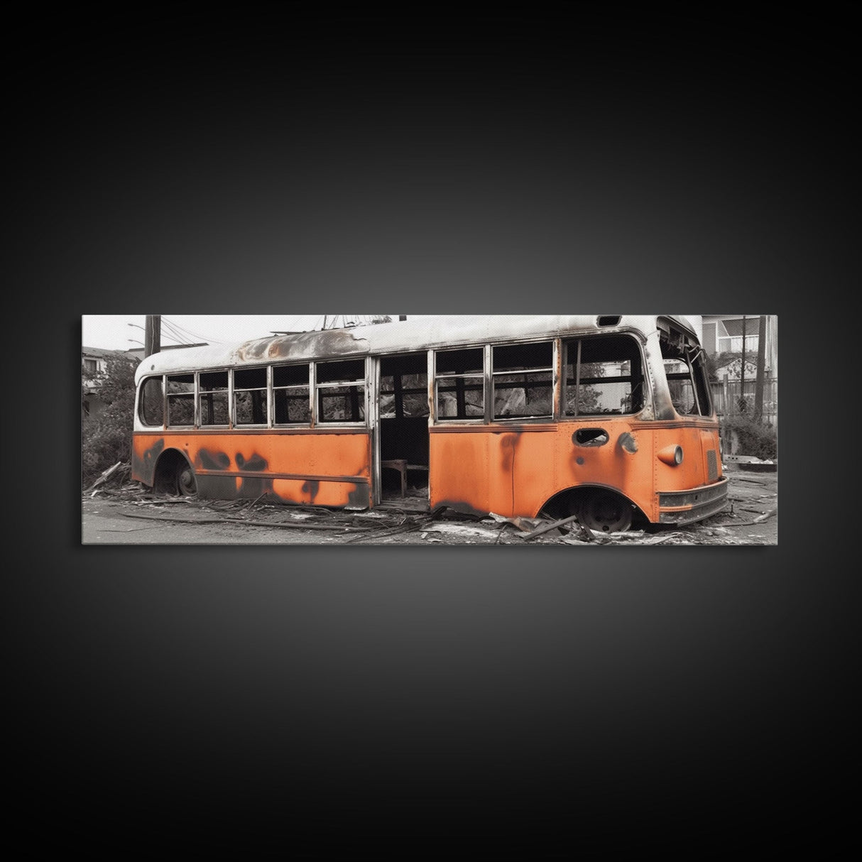 Old Burned Down Orange Bus, Abandoned Bus, Wall Decor, Bus Wreckage Canvas Art Print, Panoramic, Wall Art, Canvas Print