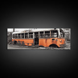 Old Burned Down Orange Bus, Abandoned Bus, Wall Decor, Bus Wreckage Canvas Art Print, Panoramic, Wall Art, Canvas Print