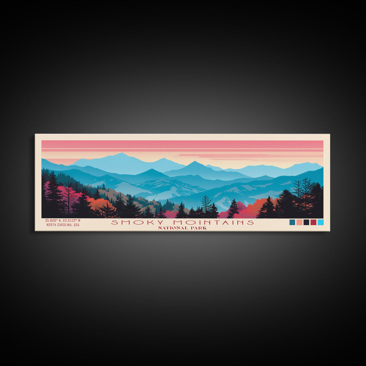 Smoky Mountains National Park, Panoramic North Carolina Travel Art, National Park Print, Minimalist Travel Art, Midcentury Modern Style