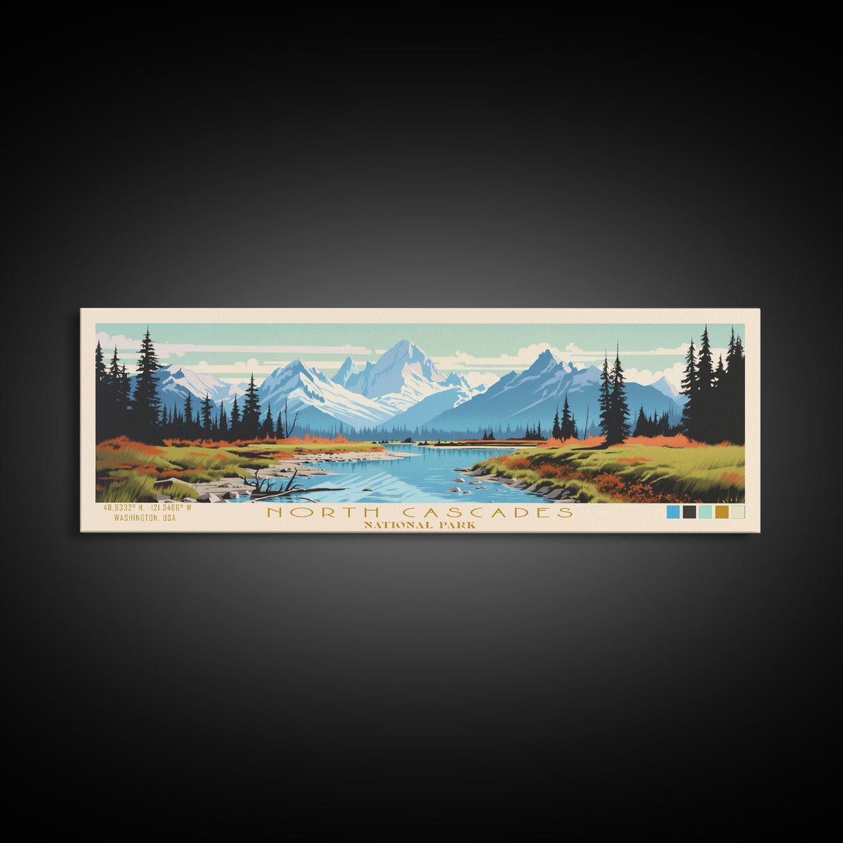 North Cascades National Park Panoramic Washington Travel Art, National Park Print, Minimalist Travel Art, Midcentury Modern Style Landscape