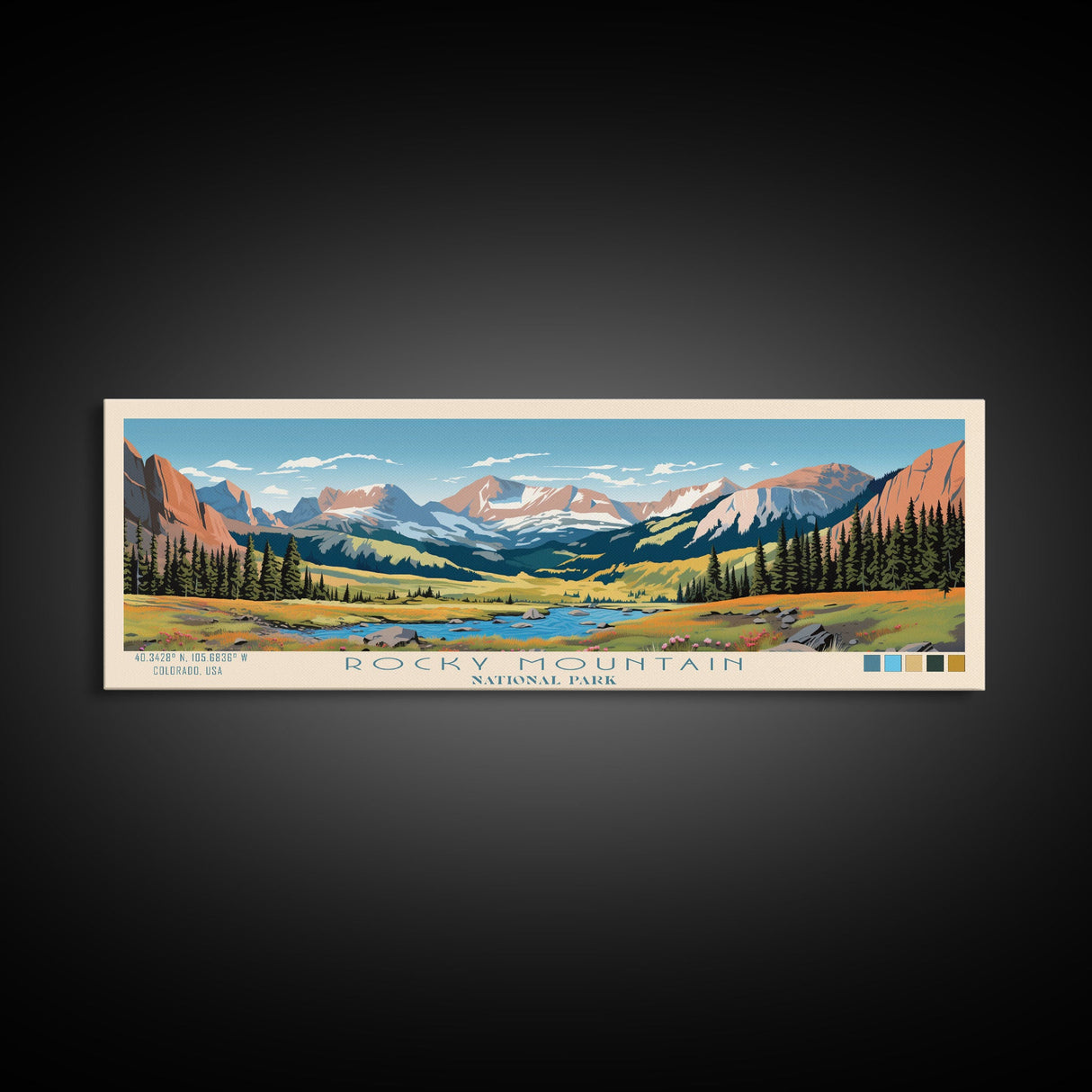 Rocky Mountain National Park Panoramic Colorado Travel Art, National Park Print, Minimalist Travel Art, Midcentury Modern Style Landscape