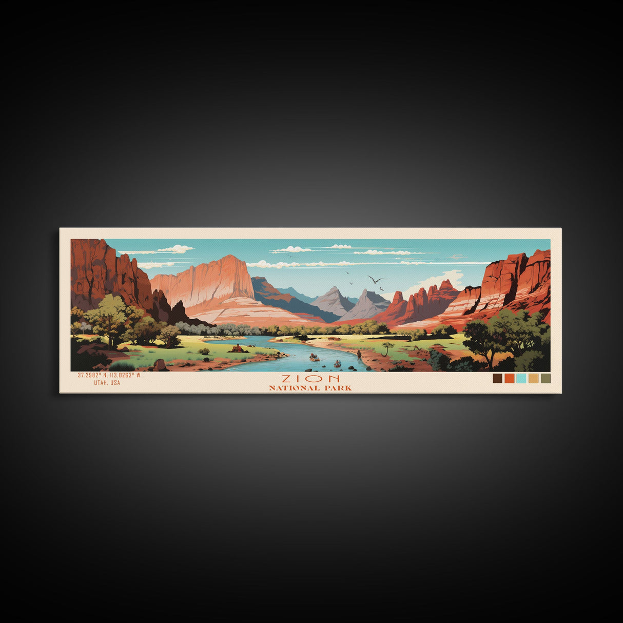 Zion National Park Panoramic Utah Travel Art, National Park Print, Minimalist Travel Art, Midcentury Modern Style Landscape