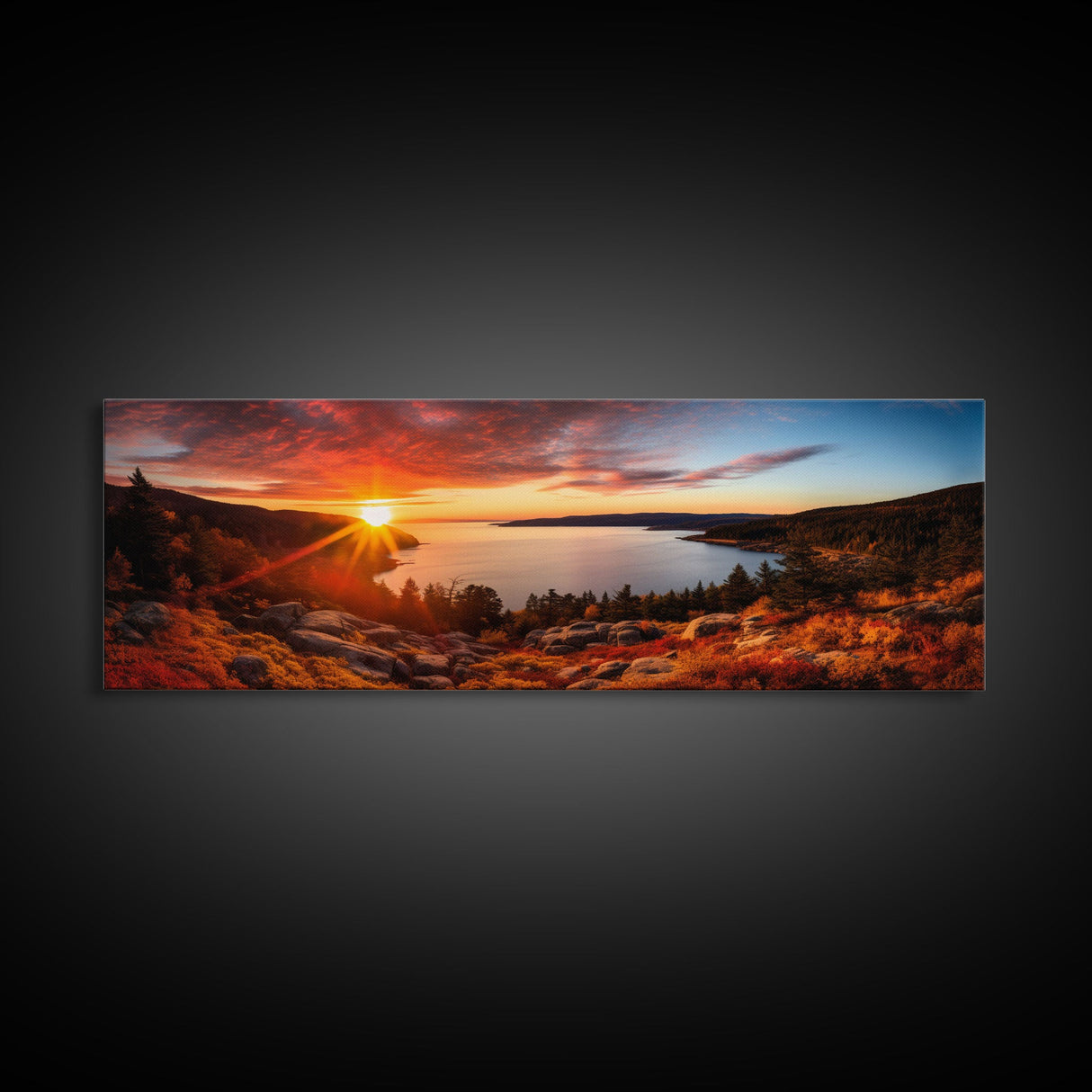 Photographic Panoramic of Acadia National Park, Sunset Photography, National Park Art, Framed Canvas Print, Landscape Photography