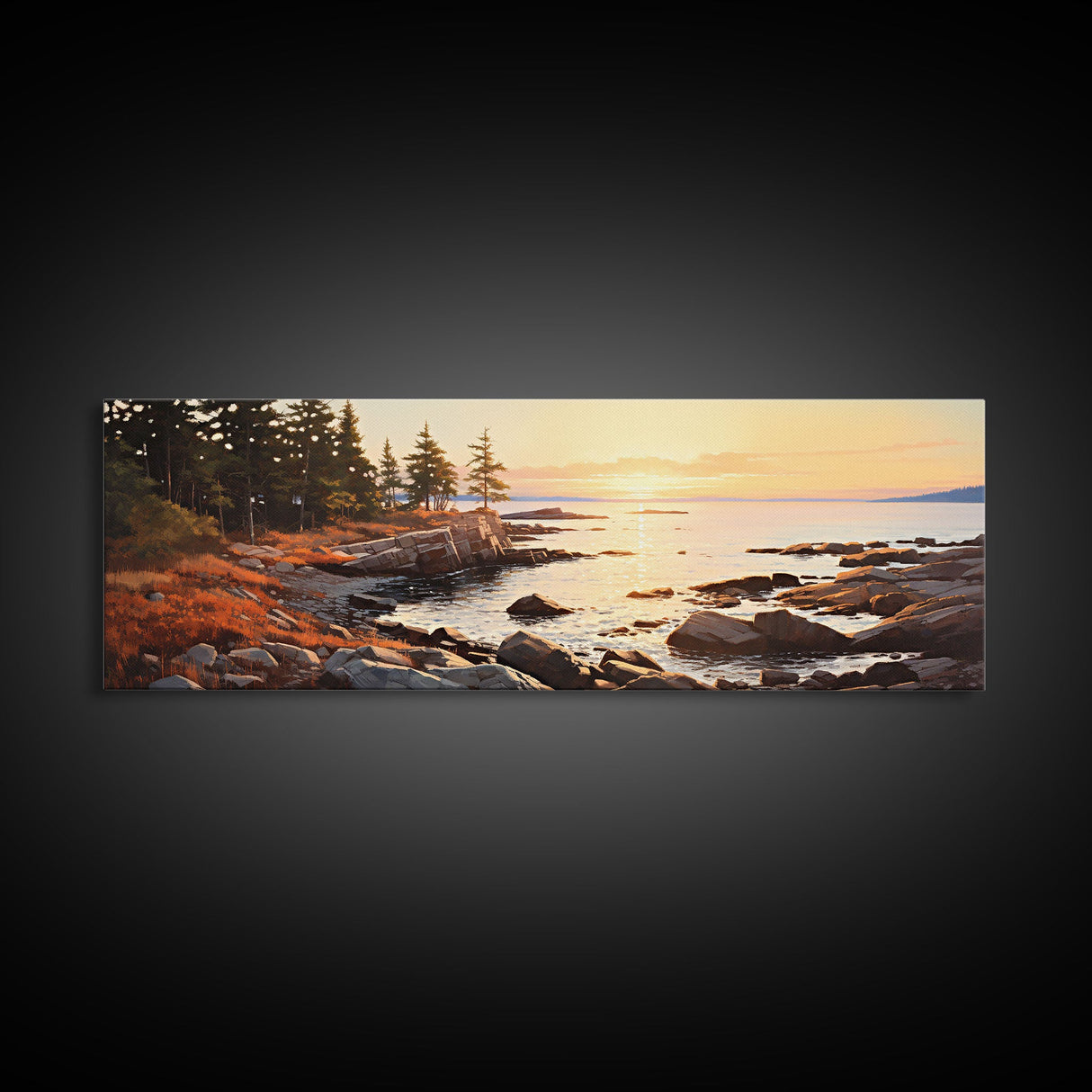 Watercolor Panoramic Acadia National Park Horizontal Framed Canvas Print, Extra Large Art, Large Wall Art, Landscape Paintin