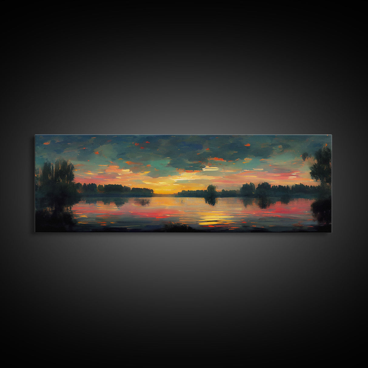 Cool Sunset Over The Lake, Ready To Hang Canvas Print, Panoramic Art, Lakehouse Wall Decor, Lake House Art, Beach House Art