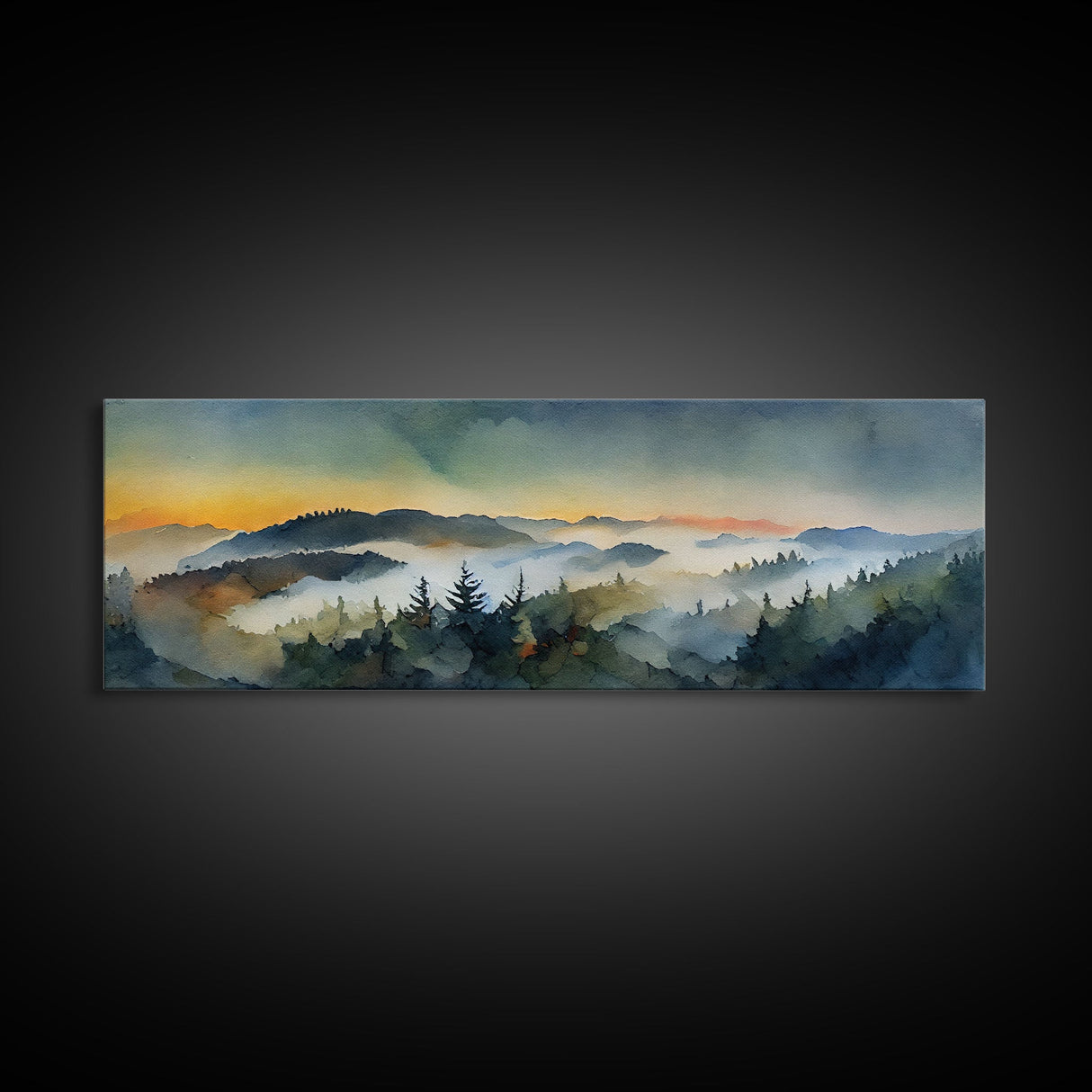 Beautiful Watercolor Landscape, Ready To Hang Canvas Print, Panoramic Art, Above Sofa Wall Art