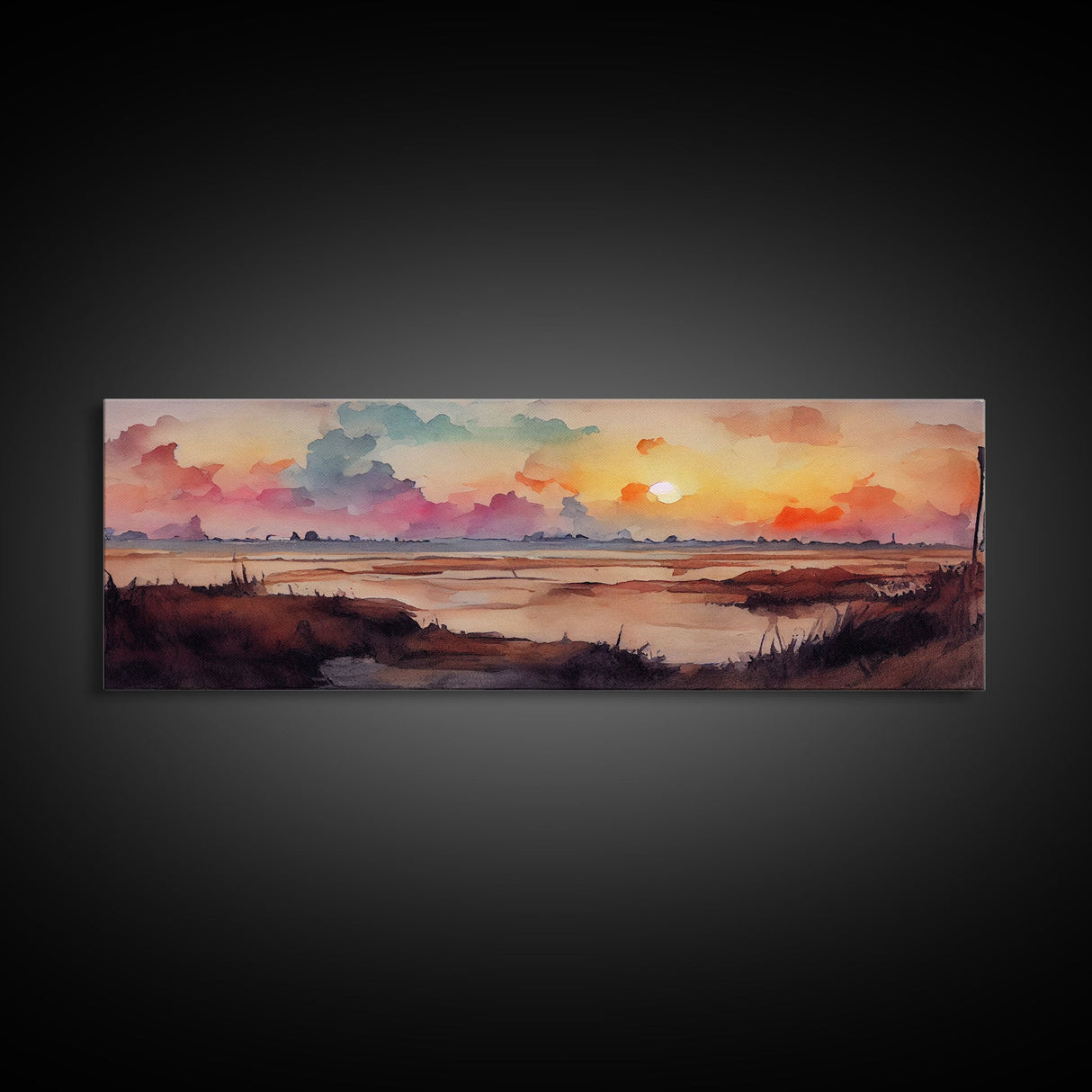 Watercolor Landscape Painting Print, Ready To Hang Panoramic Canvas Print, Whimsical Water Color Sunset, Hazy Smoky Sky, Huge Wall Art