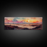 Watercolor Landscape Painting Print, Ready To Hang Panoramic Canvas Print, Whimsical Water Color Sunset, Hazy Smoky Sky, Huge Wall Art