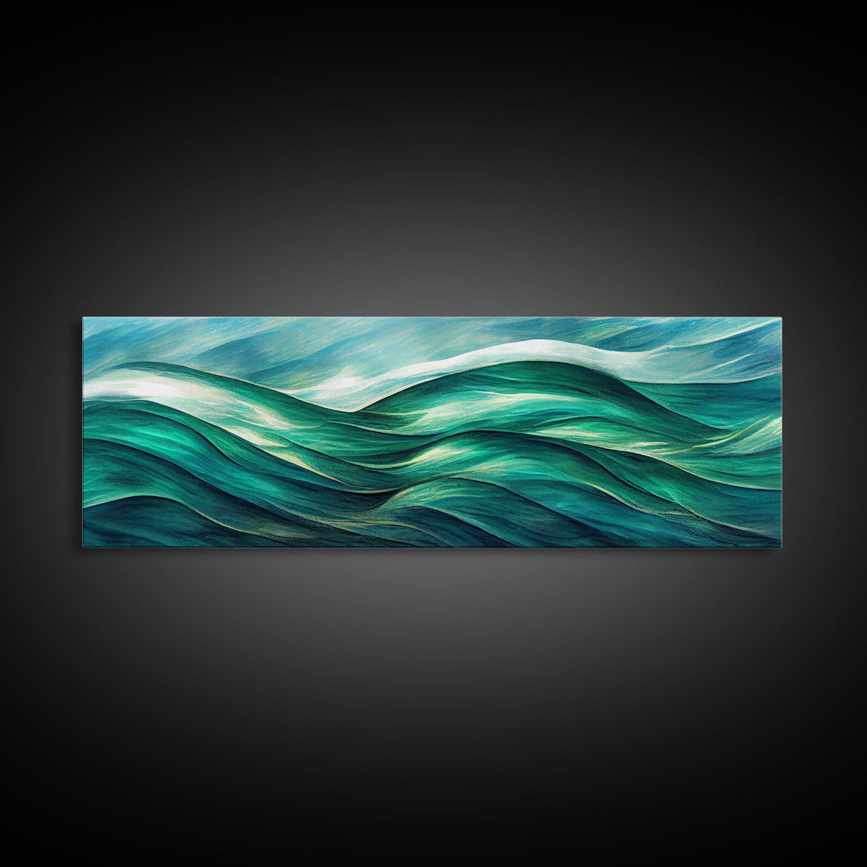 Sea Green Ocean Waves, Ready To Hang Canvas Print, Panoramic Art Deco Style Wall Decor, Emerald Green Wall Art